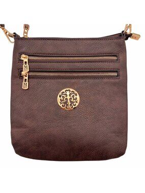 Montana West Brown Faux Leather Crossbody Bag Gold Accents Zippered Compartments